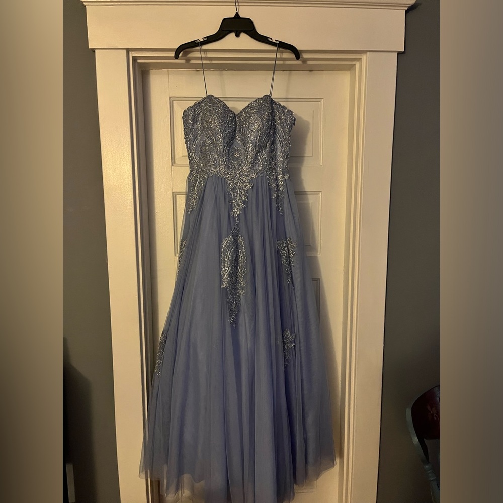 Baby blue and silver prom dress with a corset back and rhinestones